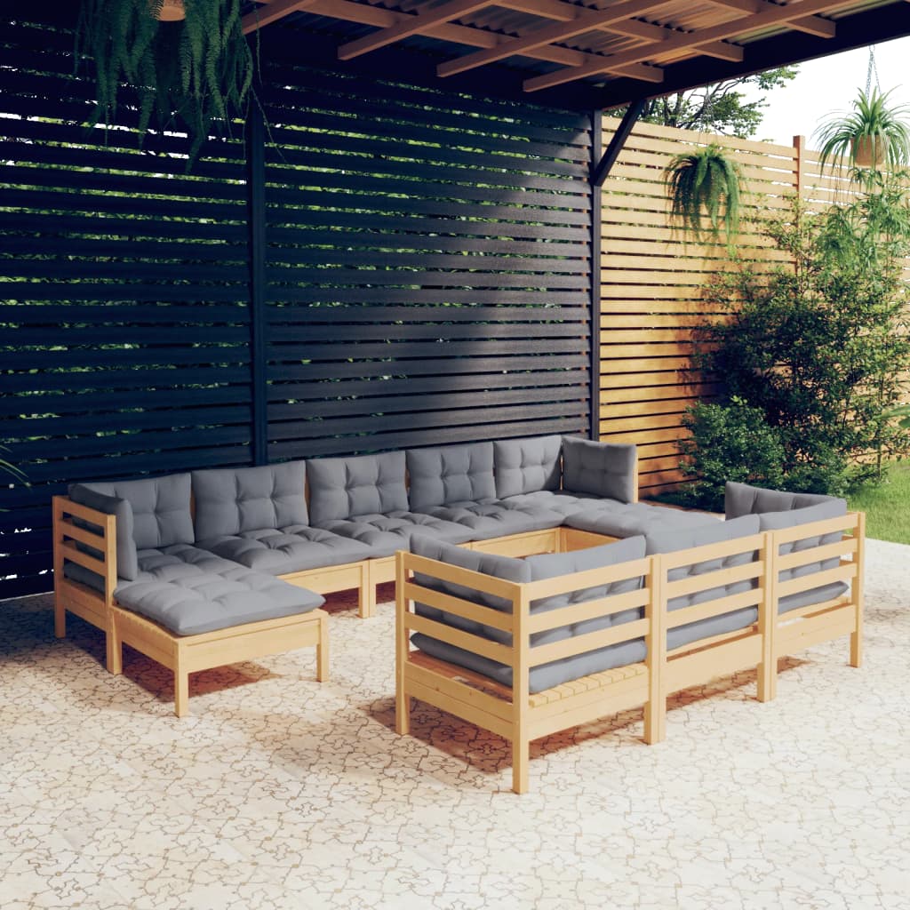 vidaXL 10-Piece Lounge Set with Grey Cushions Solid Pinewood