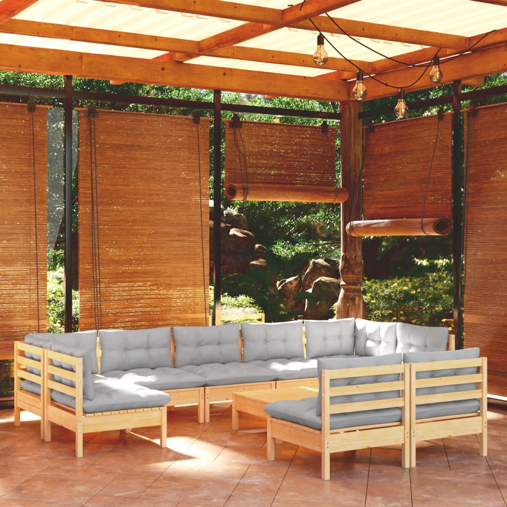 vidaXL 10-Piece Lounge Set with Grey Cushions Solid Pinewood