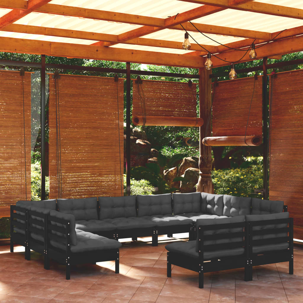 vidaXL 11-Piece Lounge Set with Grey Cushions Solid Pine Wood