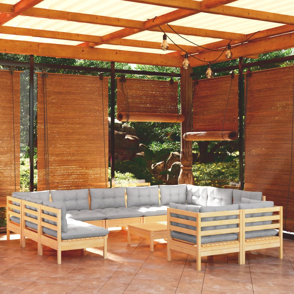 vidaXL 12-piece Lounge Set with Grey Cushions Solid Pine Wood