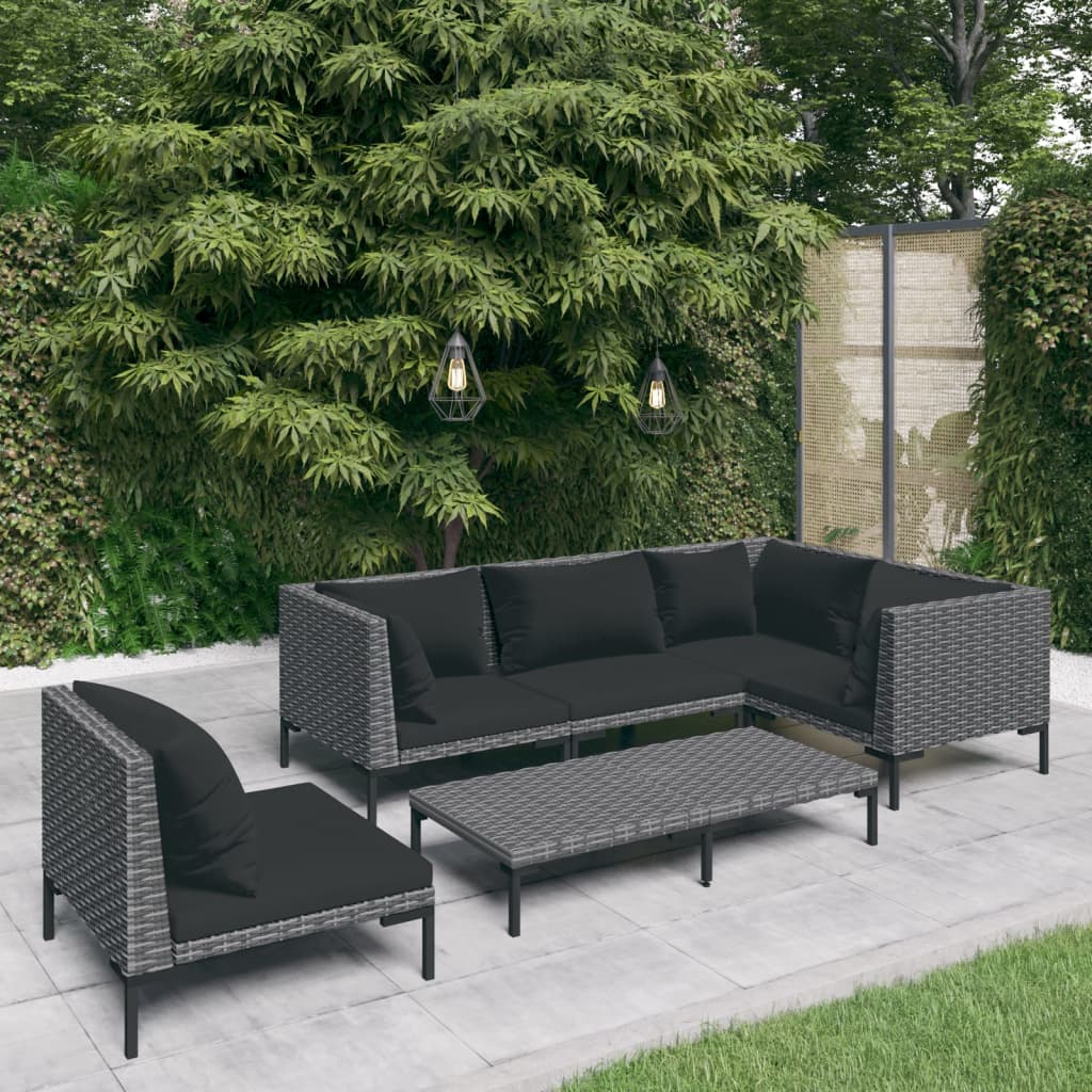 vidaXL 5-delige Loungeset met kussens poly rattan donkergrijs