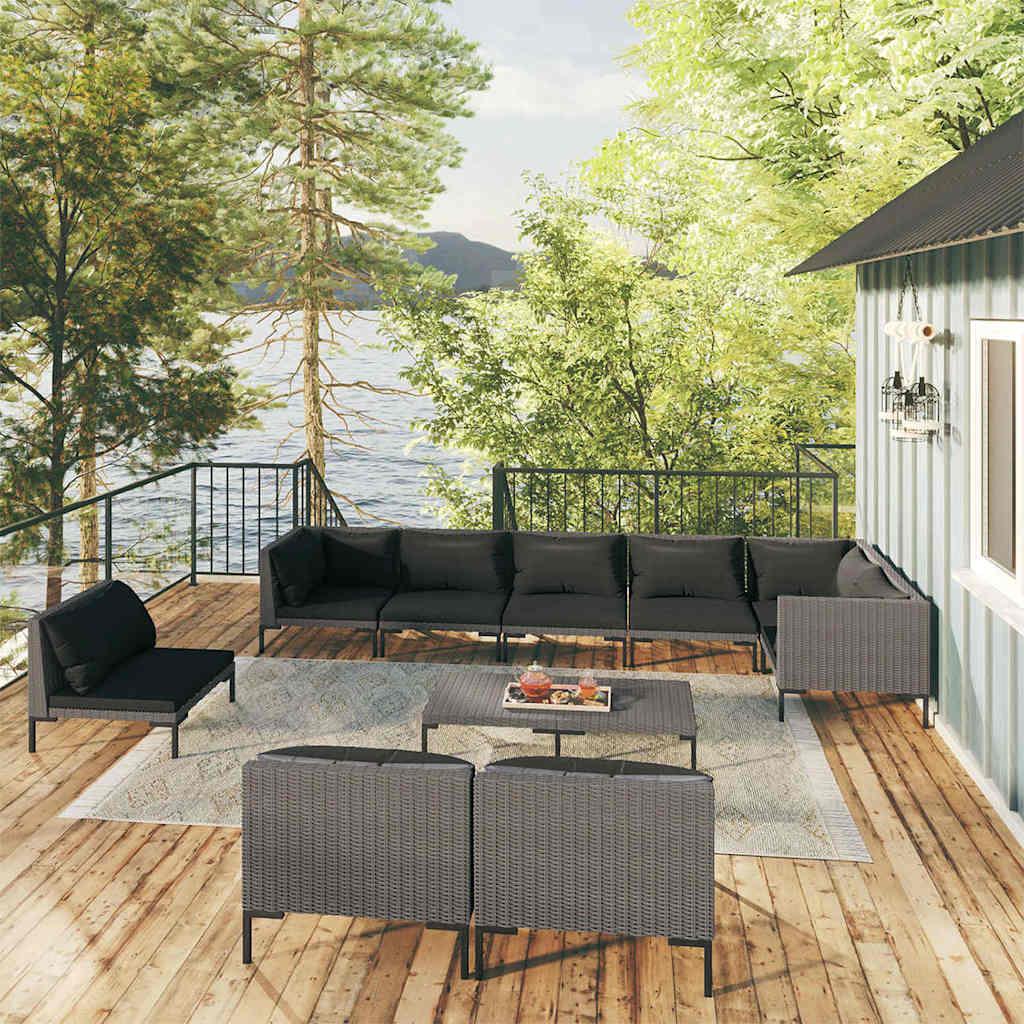 vidaXL 8-delige Loungeset met kussens poly rattan donkergrijs