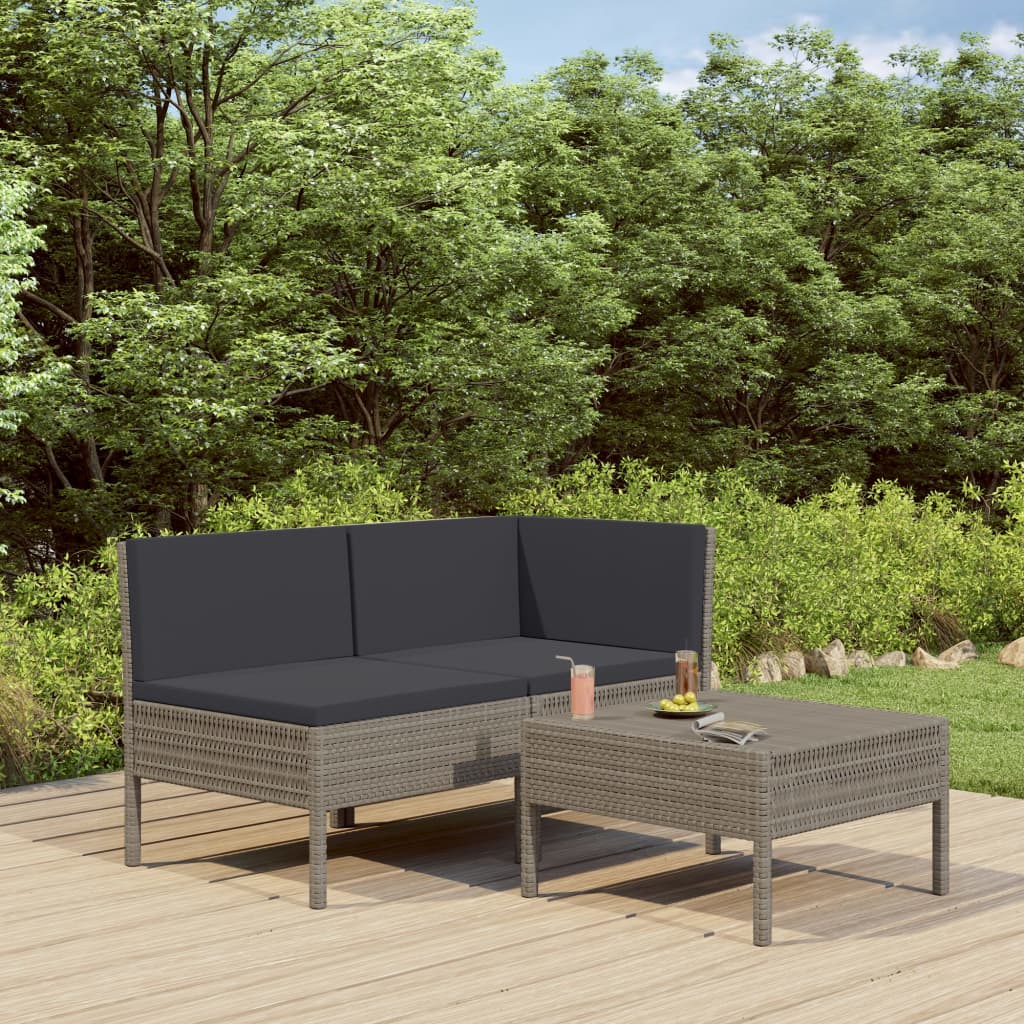 vidaXL 3-delige Loungeset met kussens poly rattan bruin