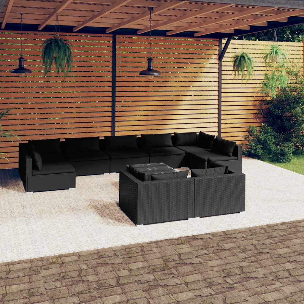 vidaXL 9-delige Loungeset met kussens poly rattan zwart