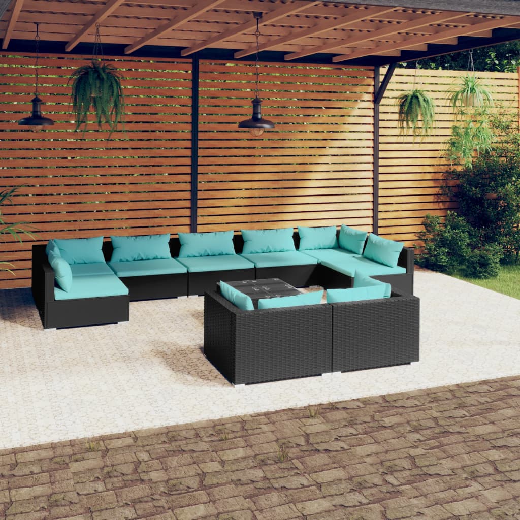 vidaXL 9-delige Loungeset met kussens poly rattan zwart