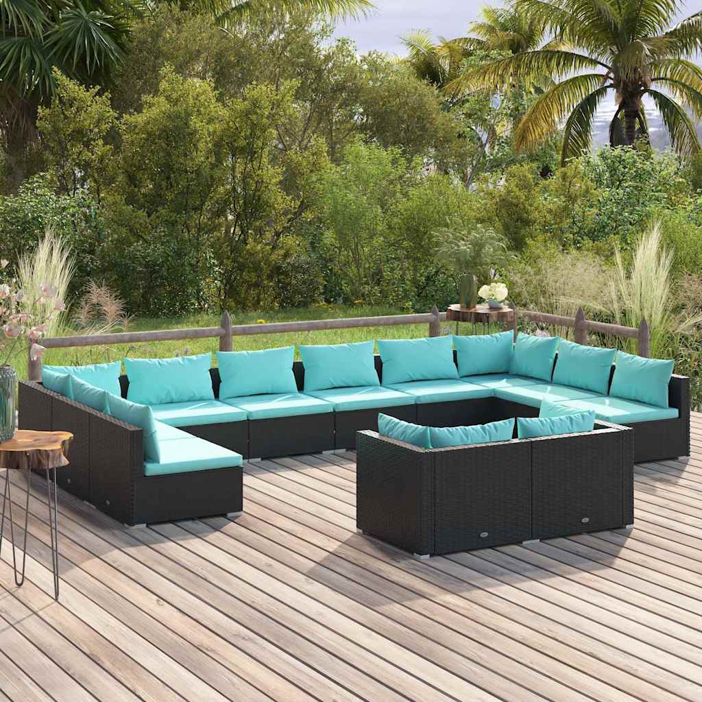 vidaXL 9-delige Loungeset met kussens poly rattan zwart