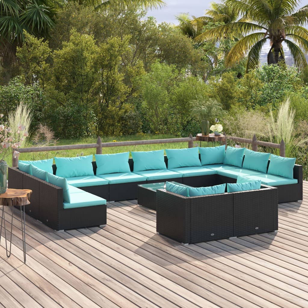 vidaXL 9-delige Loungeset met kussens poly rattan zwart
