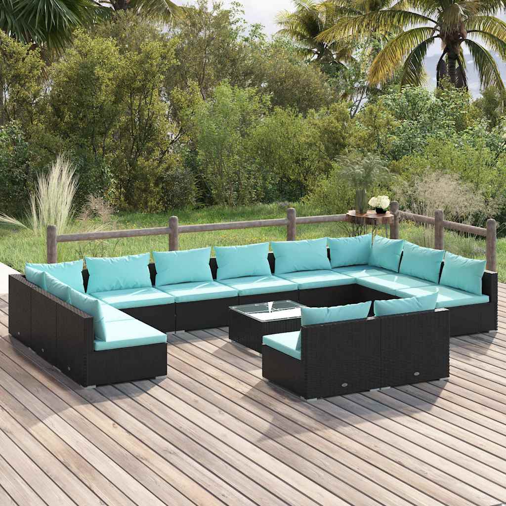 vidaXL 9-delige Loungeset met kussens poly rattan zwart