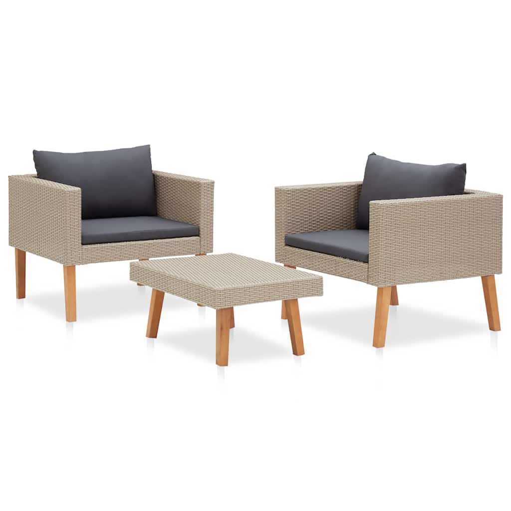 vidaXL 3-delige Loungeset met kussens poly rattan beige