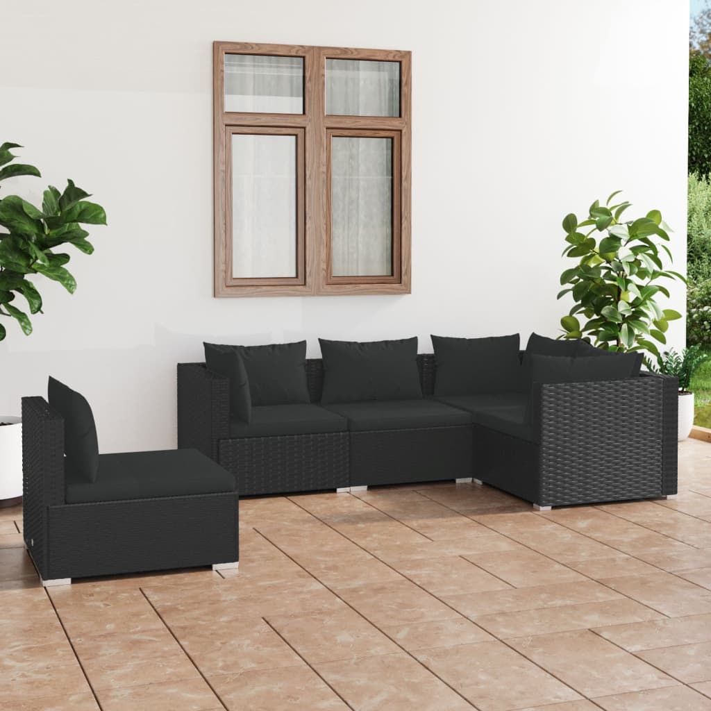 vidaXL Ensemble de salon 5 personnes avec coussins en poly rotin noir