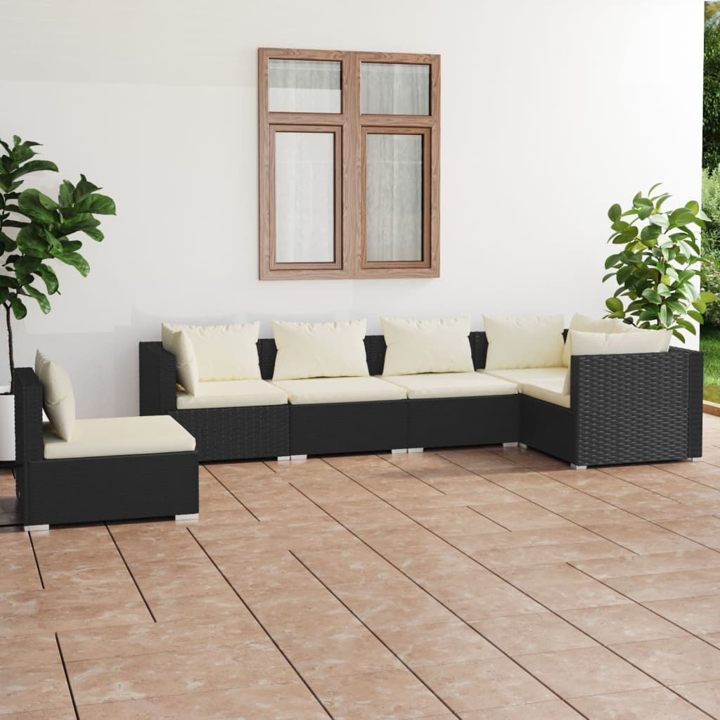 vidaXL Ensemble de salon 5 personnes avec coussins en poly rotin noir