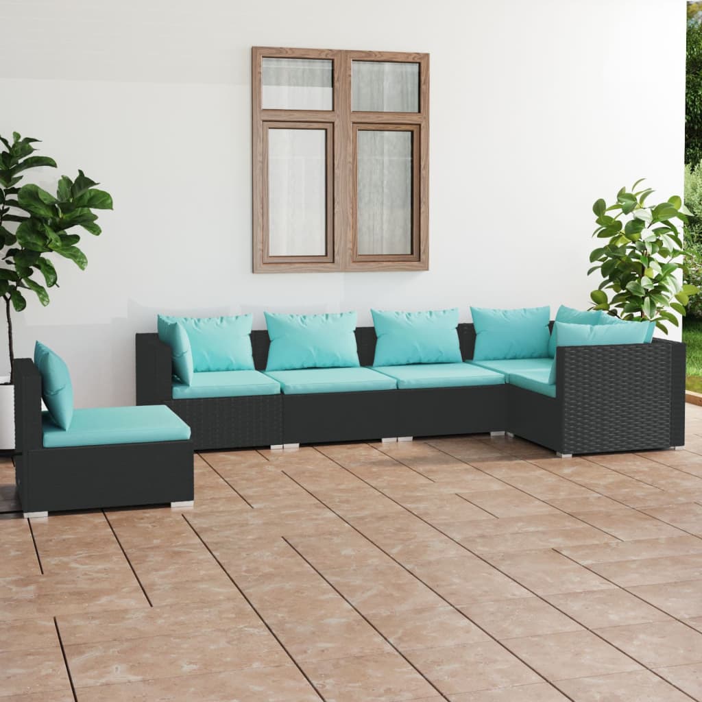vidaXL Ensemble de salon 5 personnes avec coussins en poly rotin noir