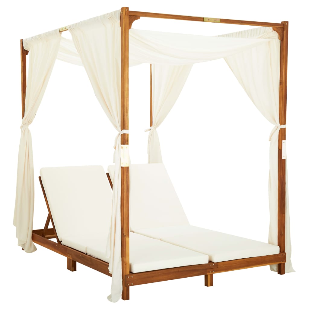 vidaXL Double Sun Lounger with Curtains and Cushions Solid Acacia Wood