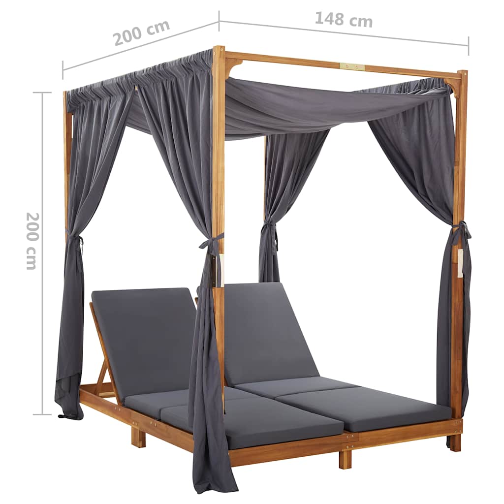 vidaXL Double Sun Lounger with Curtains and Cushions Solid Acacia Wood