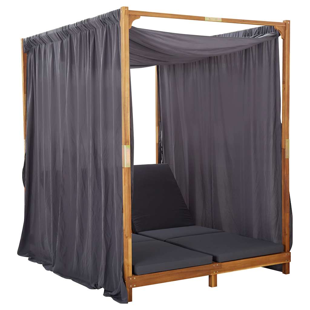 vidaXL Double Sun Lounger with Curtains and Cushions Solid Acacia Wood