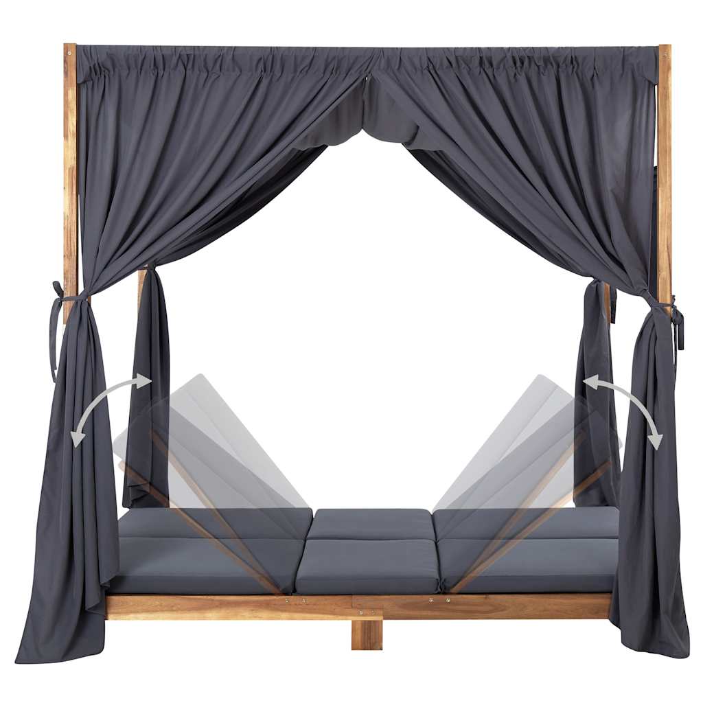 vidaXL Double Sun Lounger with Curtains and Cushions Solid Acacia Wood