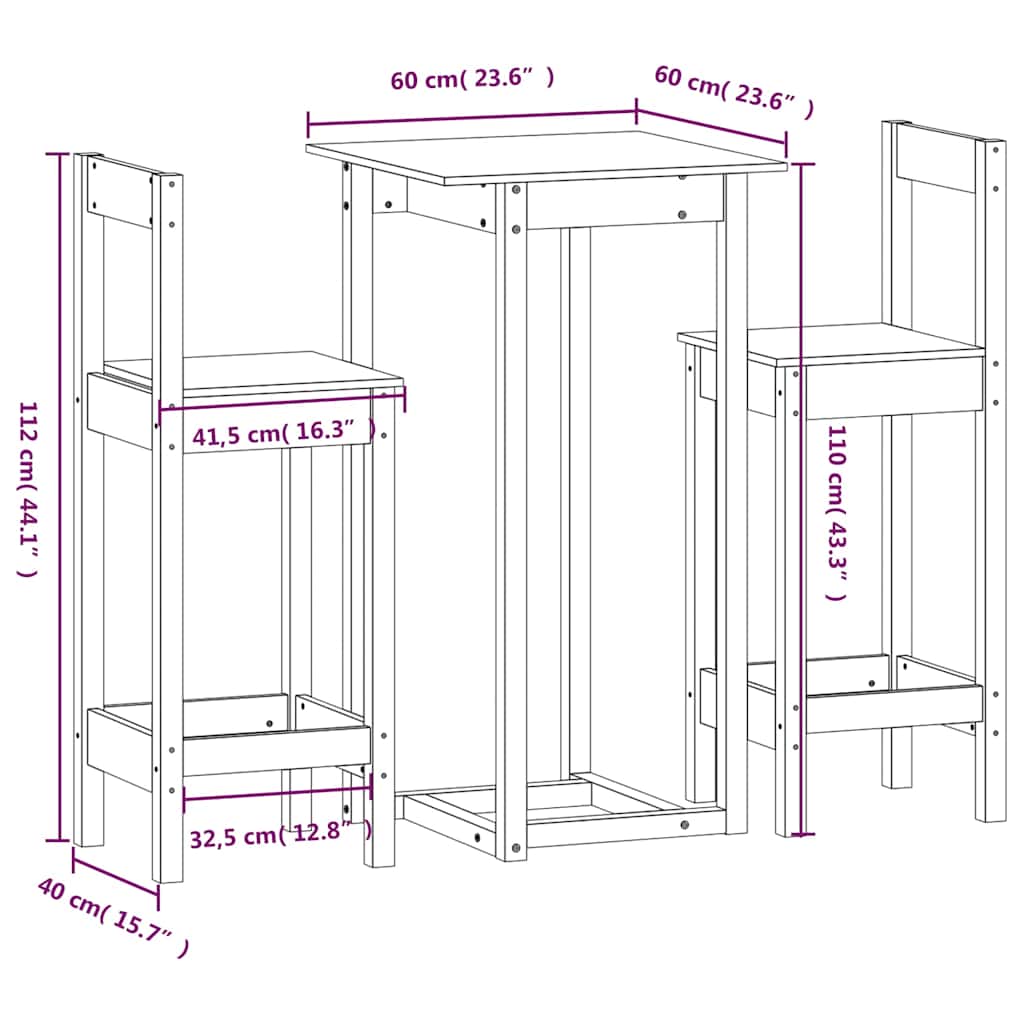 vidaXL 3-delige Barset massief grenenhout