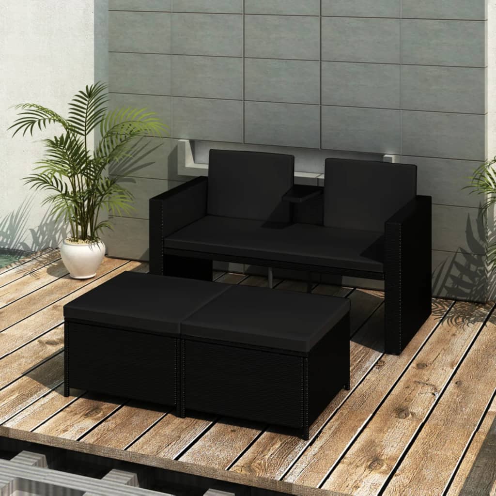 vidaXL 3-delige Loungeset met kussens poly rattan grijs