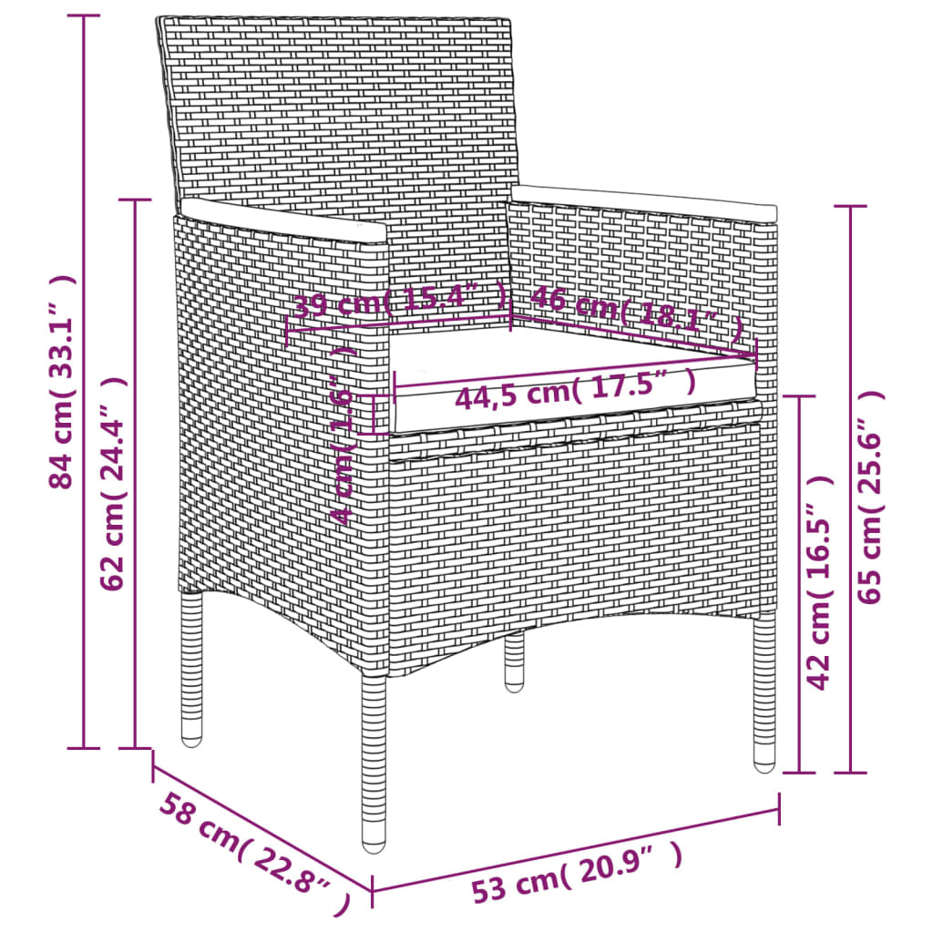vidaXL 3-delige Tuinset met kussens zwart