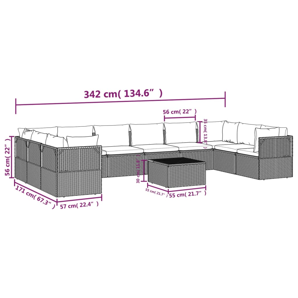 vidaXL 6-delige Loungeset met kussens poly rattan grijs