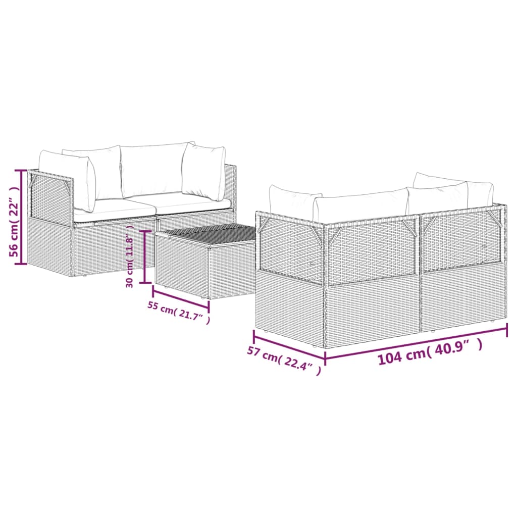 vidaXL 6-delige Loungeset met kussens poly rattan grijs