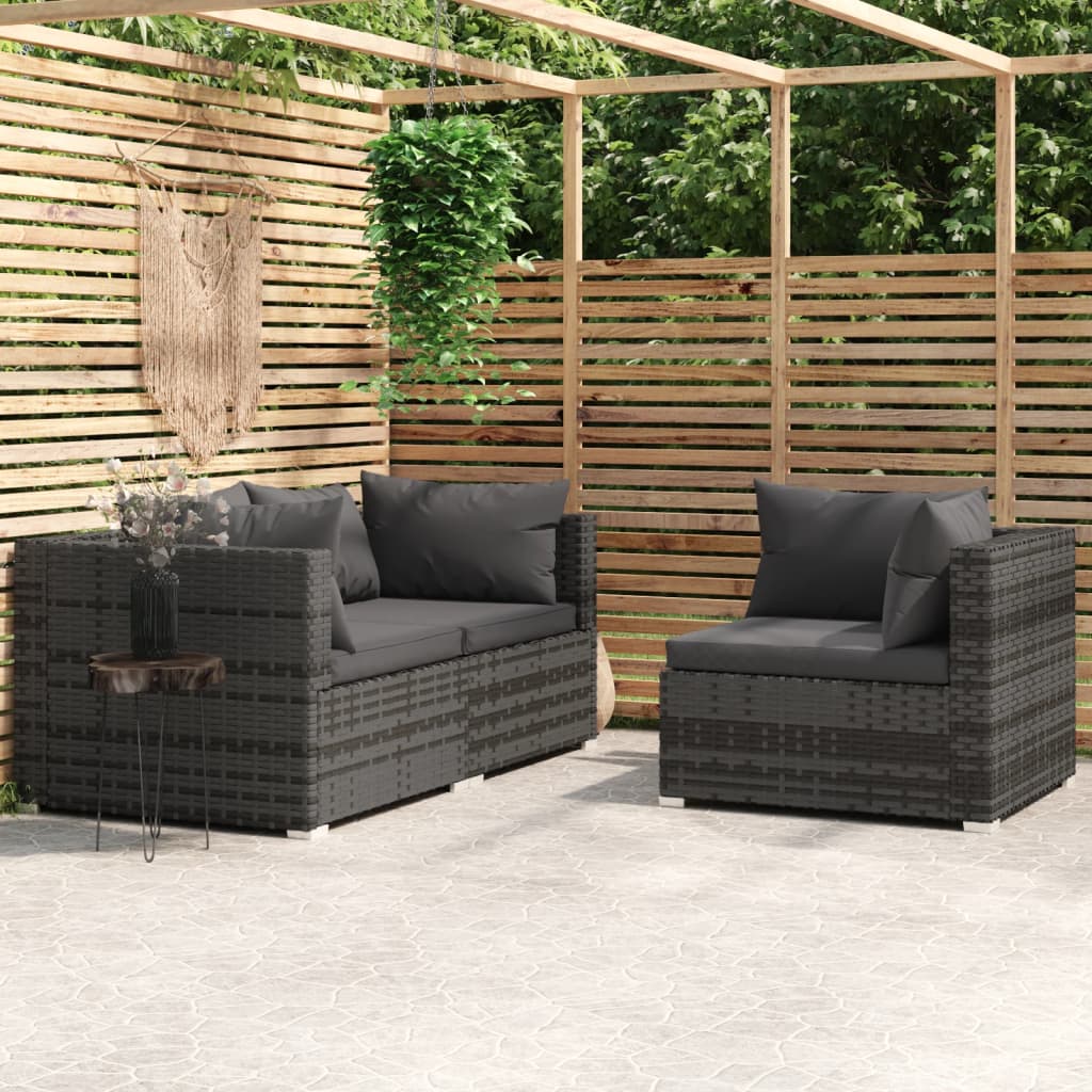 vidaXL 3-delige Loungeset met kussens poly rattan zwart