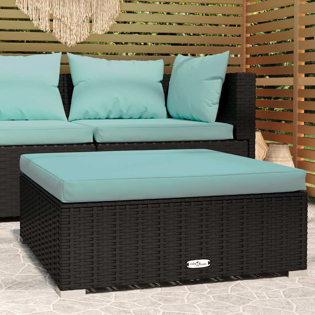 vidaXL Footrest with Cushion 70x70x30 cm Poly Rattan Black