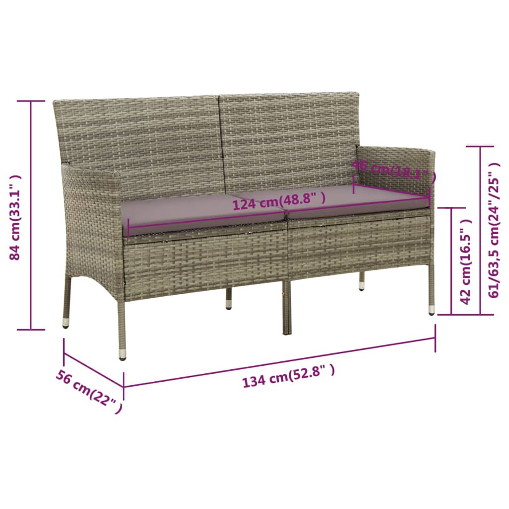 vidaXL Tuinbank 3-zits met kussen poly rattan bruin