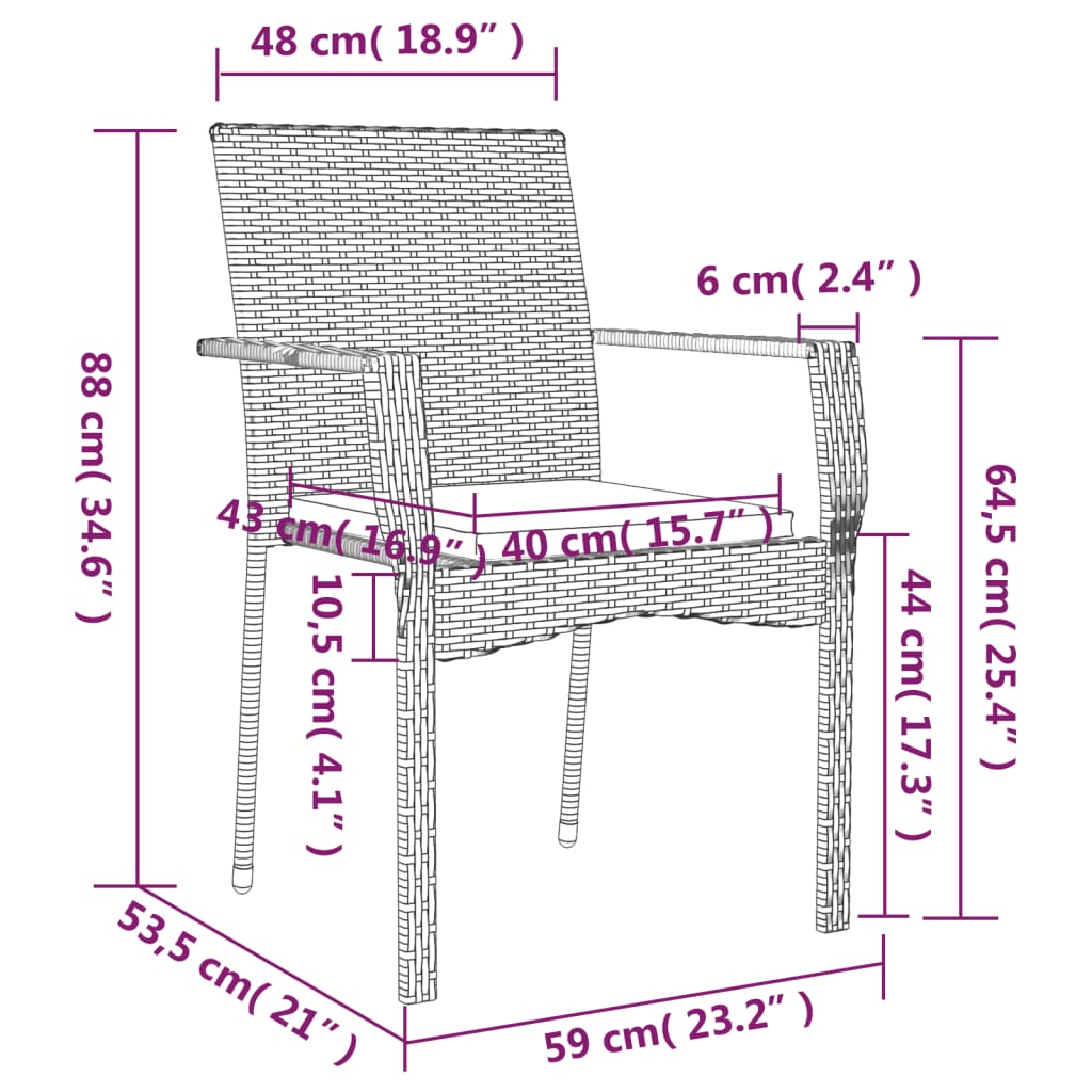 vidaXL 3-delige Tuinset met kussens poly rattan zwart