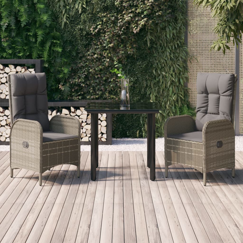 vidaXL 3-delige Tuinset met kussens poly rattan zwart