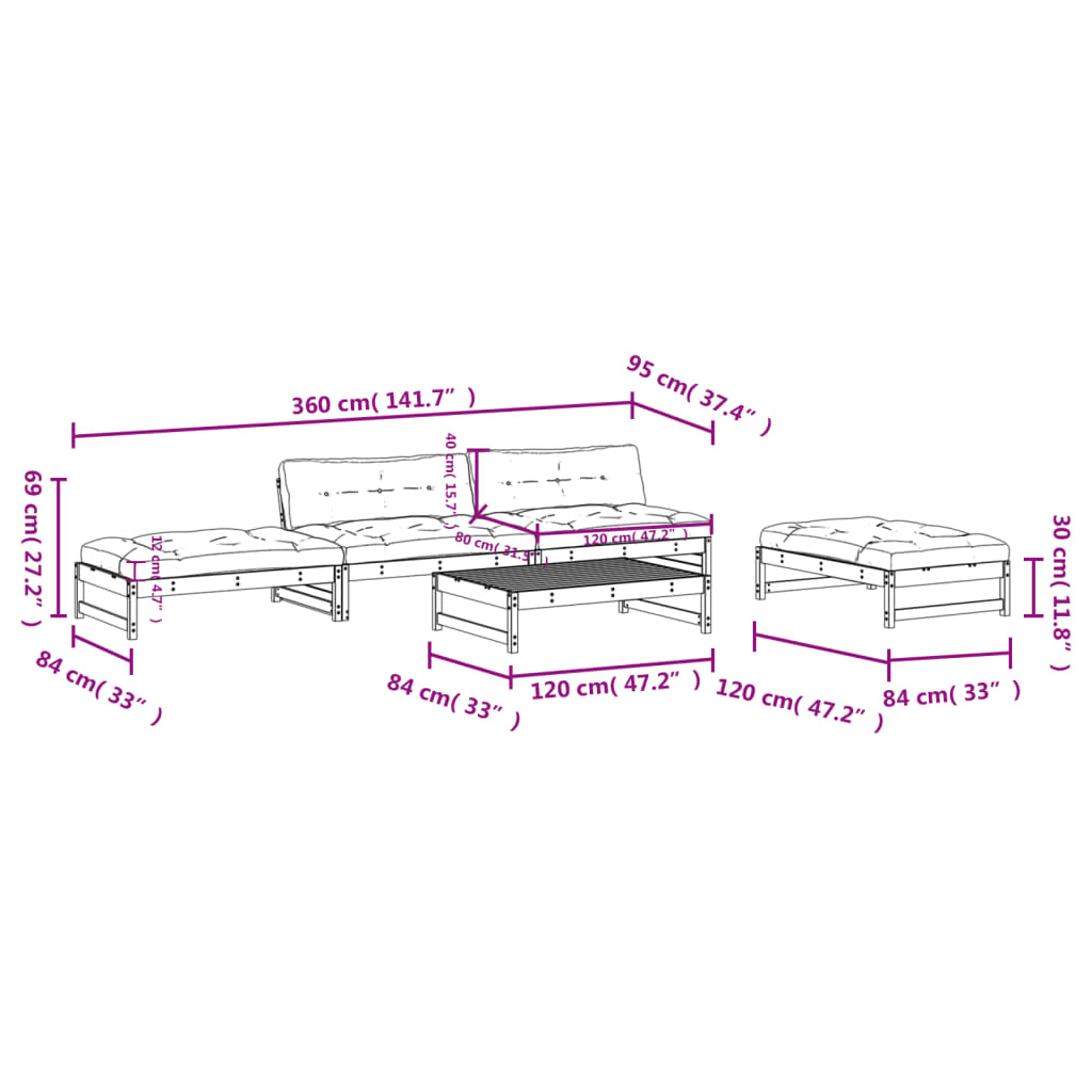 vidaXL 5-Piece Lounge Set with Cushions Solid Wood