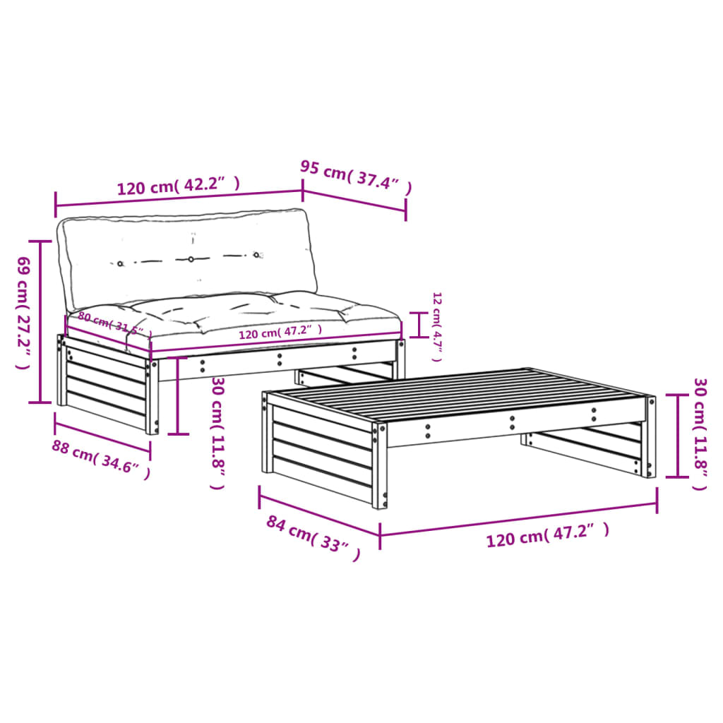 vidaXL 2-Piece Lounge Set with Cushions Solid Pine