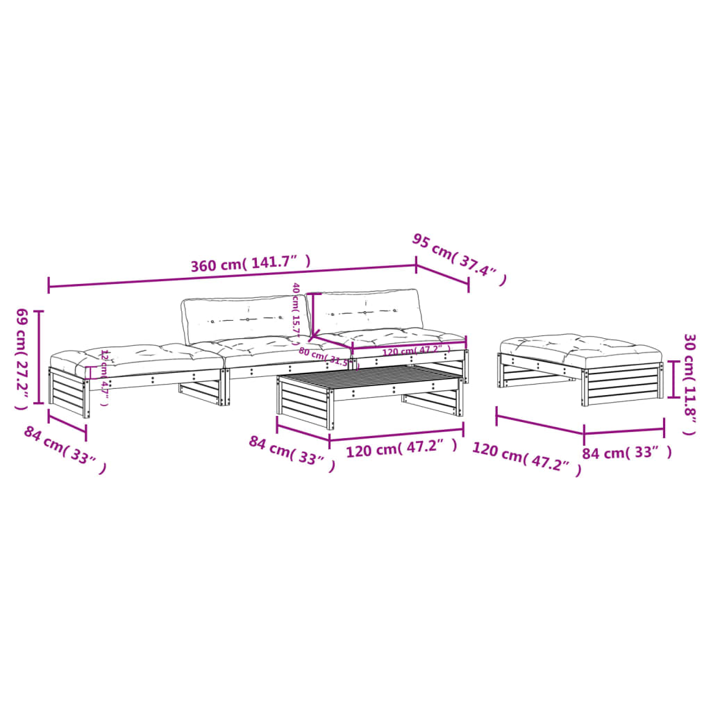 vidaXL 5-delige Loungeset met kussens massief hout
