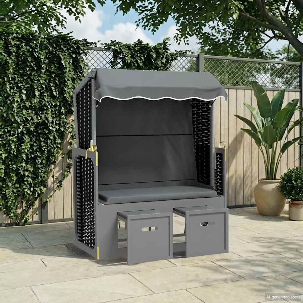vidaXL Rattan Sun Lounger with Canopy and Solid Wood Grey