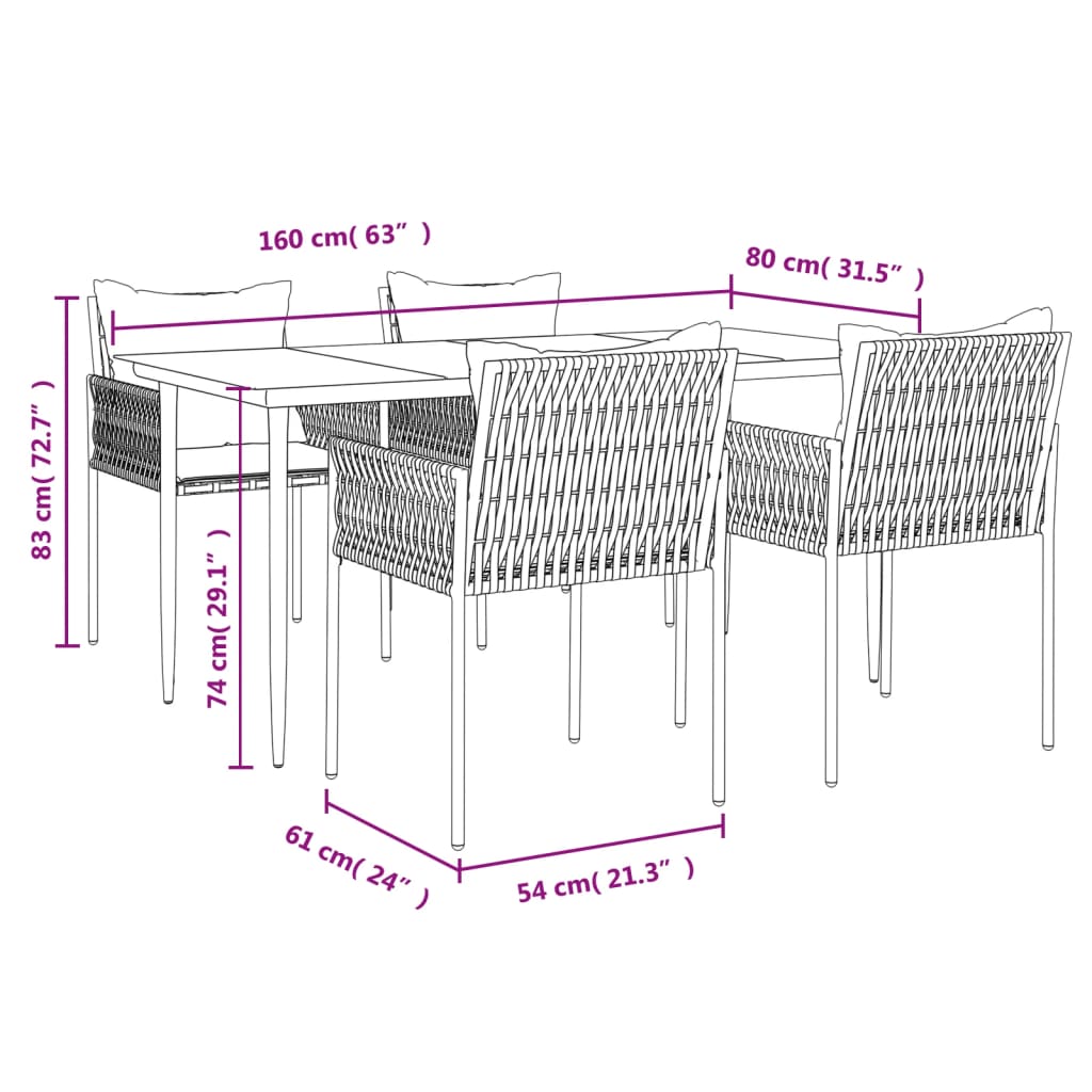 vidaXL 5-delige Tuinset met kussens poly rattan en staal