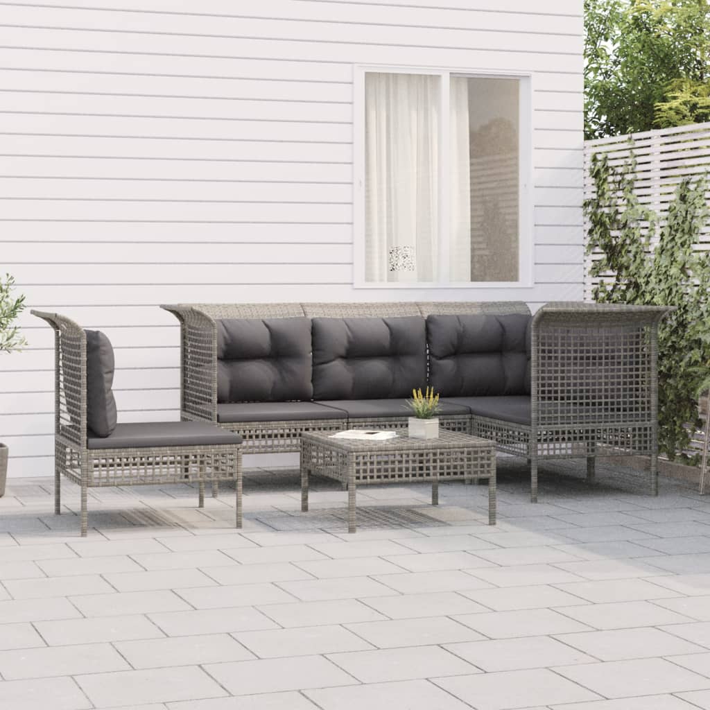 vidaXL 5-delige Loungeset met kussens poly rattan grijs