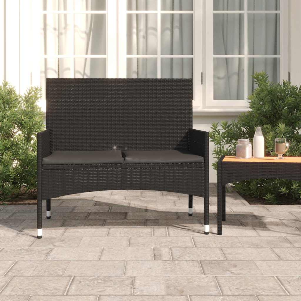 vidaXL 2-Seater Garden Bench with Cushions Poly Rattan Black
