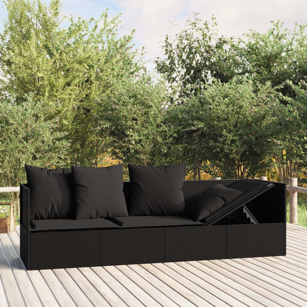 vidaXL Lounge Bed with Cushions Poly Rattan Black
