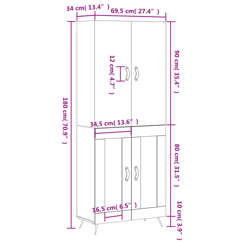 vidaXL Hoge kast 69,5x34x180 cm bewerkt hout betongrijs