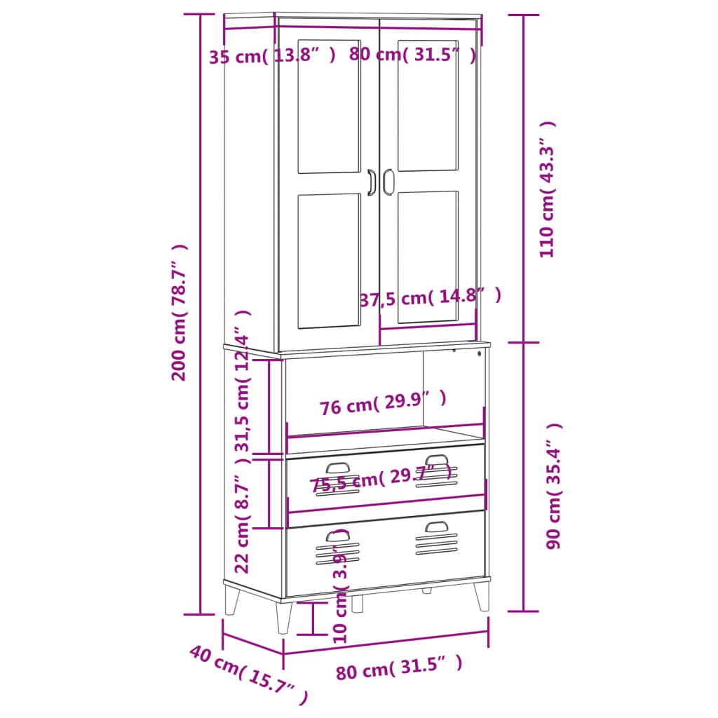 vidaXL Hoge kast VIKEN 80x40x200 cm massief grenenhout wit