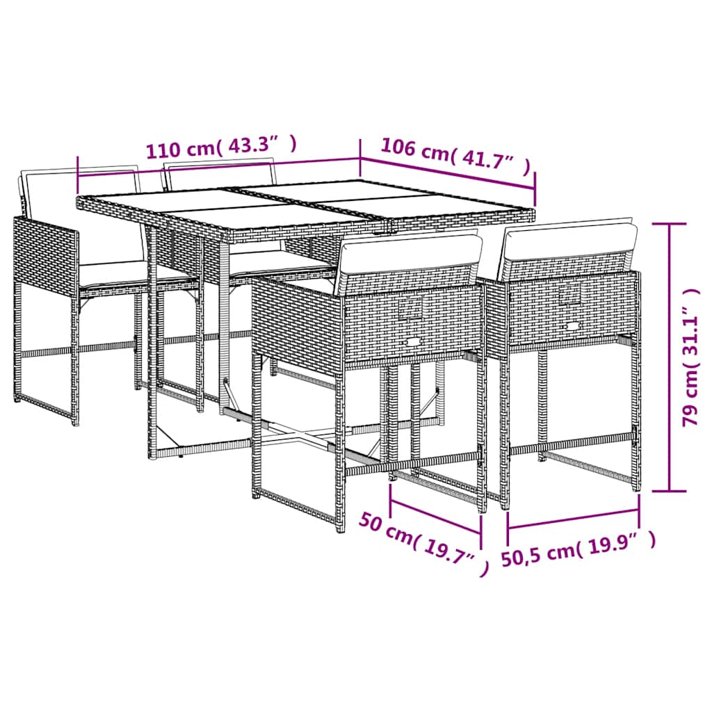 vidaXL 5-delige Tuinset met kussens poly rattan zwart
