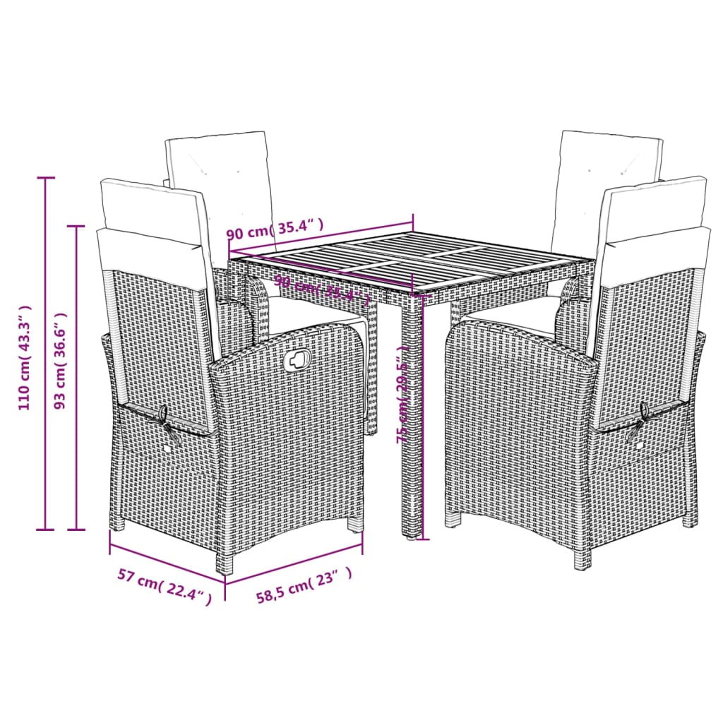 vidaXL 3-delige Bistroset met kussens poly rattan zwart