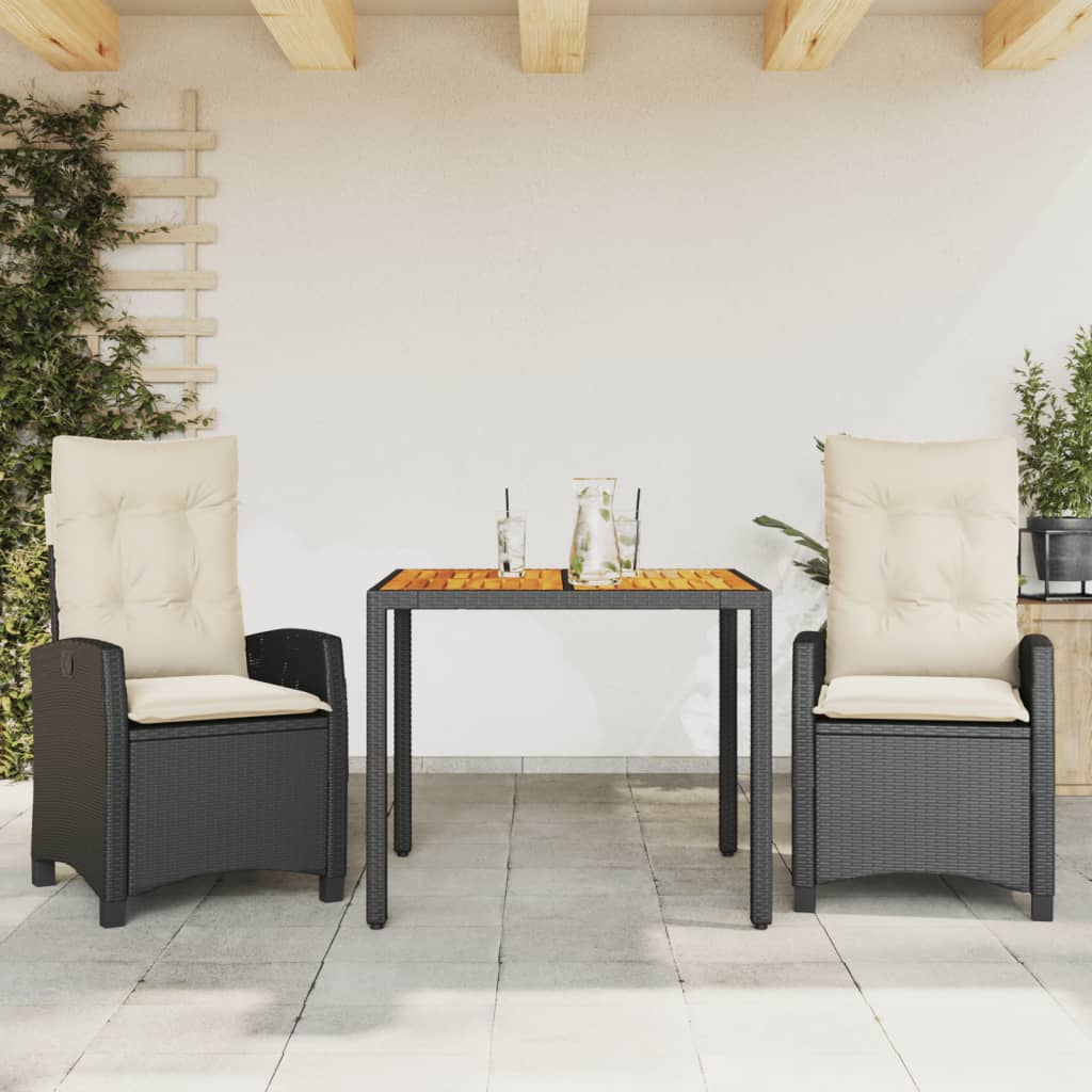 vidaXL 3-delige Tuinset met kussens poly rattan zwart