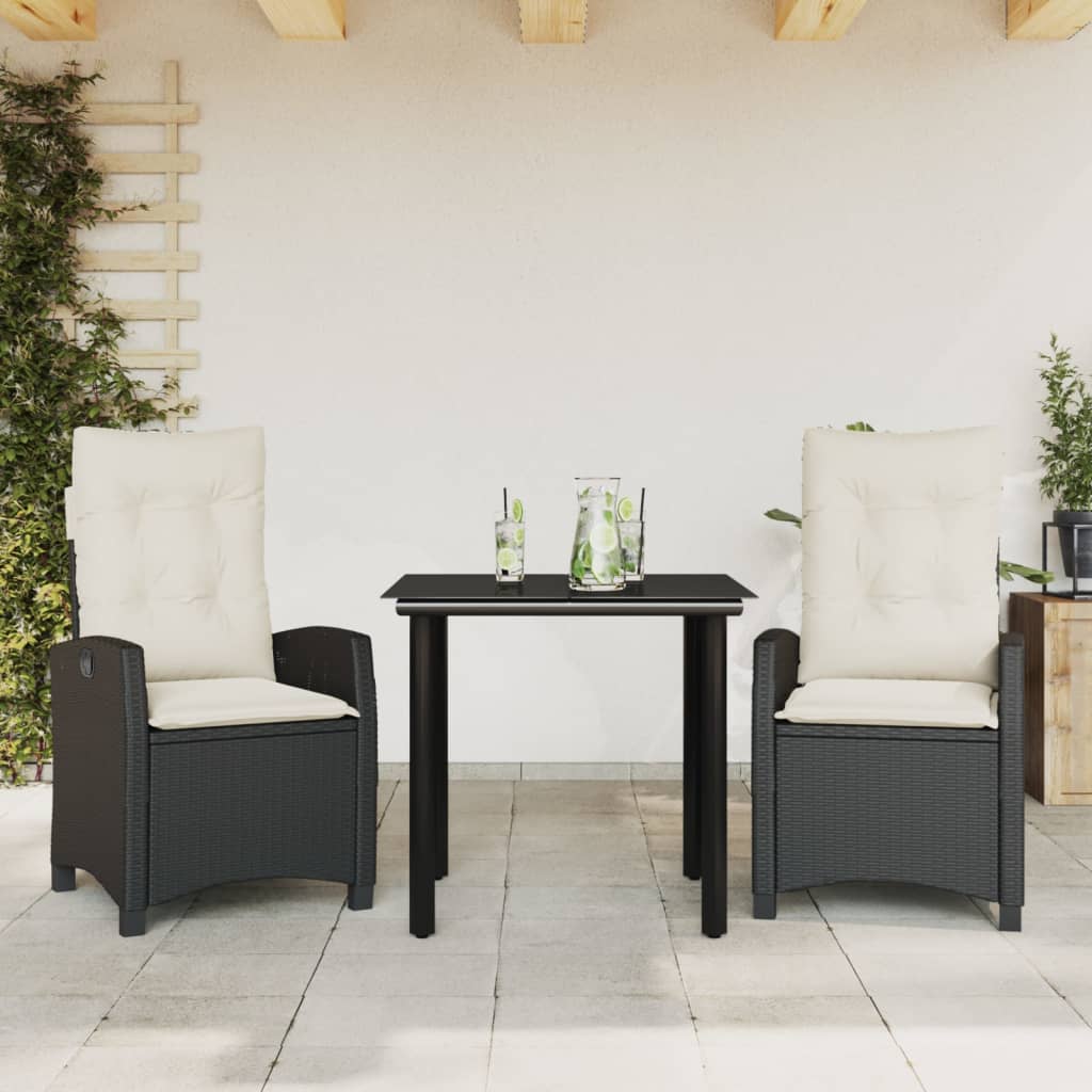 vidaXL 3-delige Tuinset met kussens poly rattan zwart