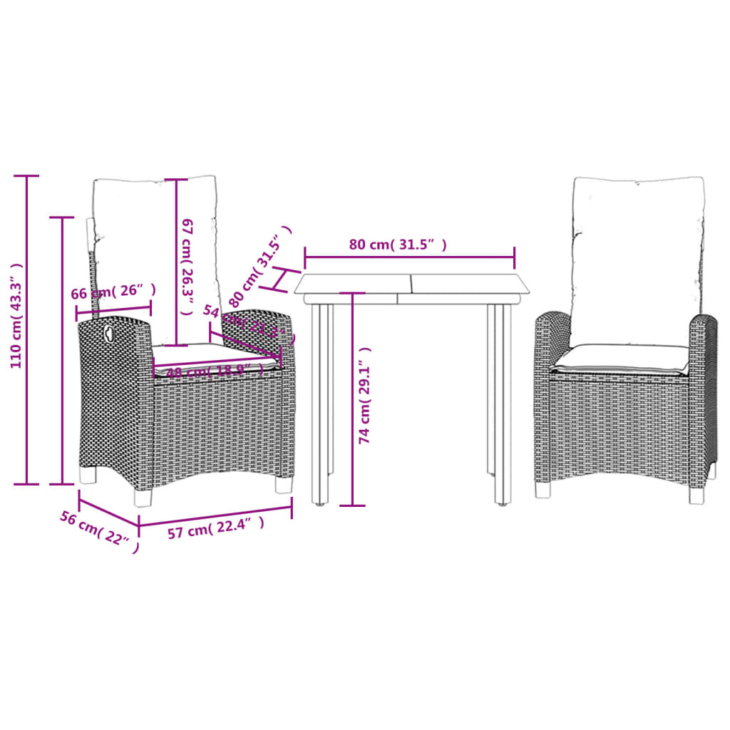 vidaXL 3-Piece Garden Lounge Set with Cushions Poly Rattan Grey