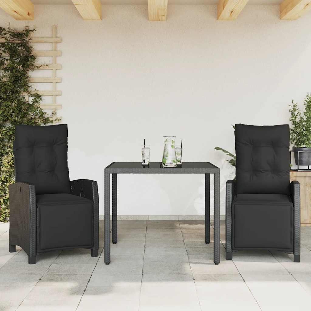vidaXL 3-delige Tuinset met kussens poly rattan zwart