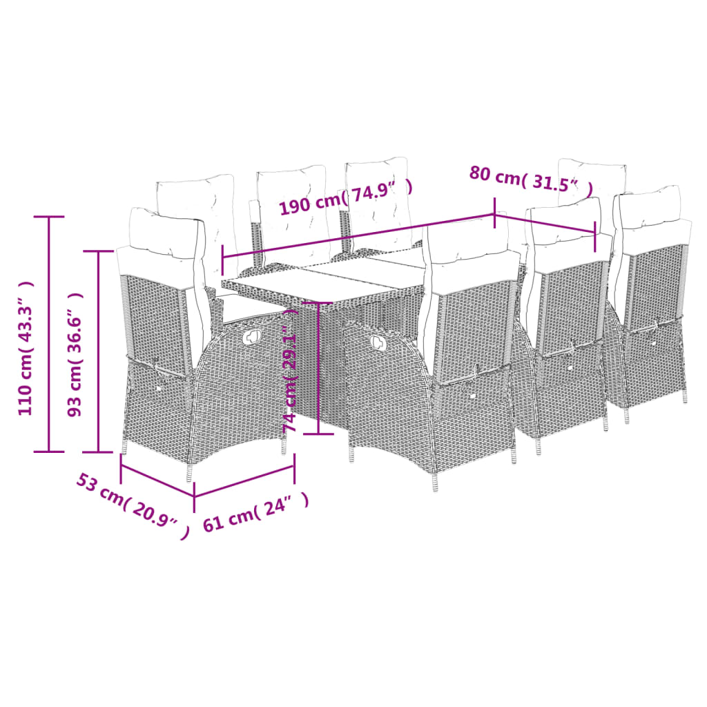 vidaXL 7-delige Tuinset met kussens poly rattan zwart