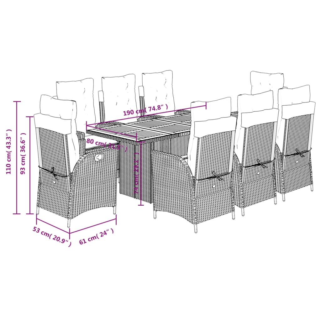 vidaXL 7-delige Tuinset met kussens poly rattan zwart