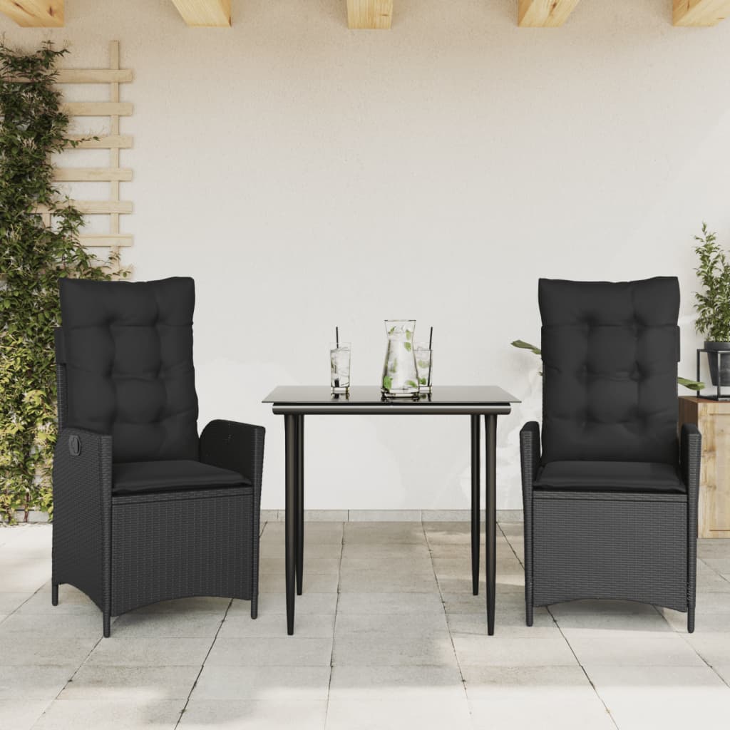 vidaXL 3-delige Tuinset met kussens poly rattan zwart