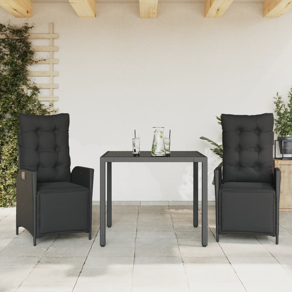 vidaXL 3-delige Tuinset met kussens poly rattan zwart